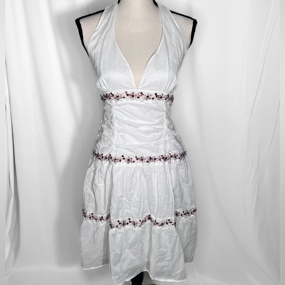White Cotton Halter Mini Dress with Sequin Embellishment